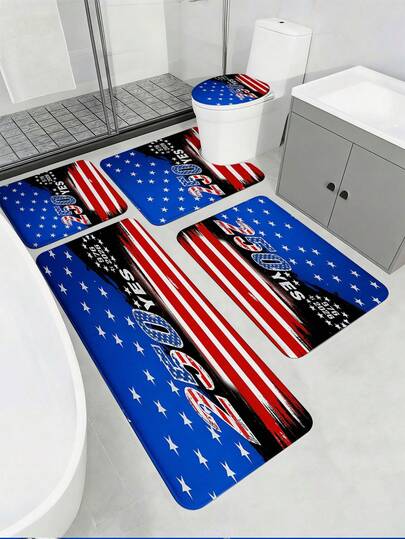 3/5件套美国建国250周年纪念浴室地垫套装，美国国旗纹理图案，柔软吸水防滑浴室配件 - 包括马桶盖套、U型马桶垫、浴室门垫、梳妆台垫、浴缸大脚垫 - 法兰绒+记忆海绵+涤纶面料 - 可水洗，防霉 - 四季皆宜，适用于家庭/酒店/宿舍/户外露营/学校宿舍/西式/节日浴室装饰，返校必备，乔迁礼物
