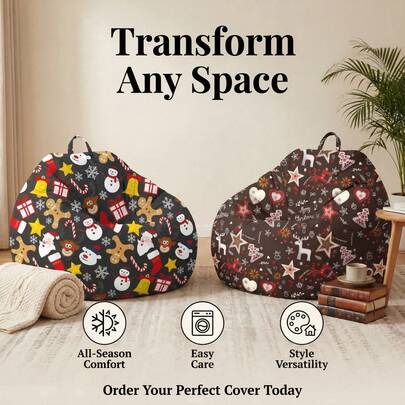 120*100cm Silla de ocio navideña para exteriores extra grande. "No necesita rellenar" Material de poliéster, con bolsillo lateral + asa, adecuada para camping y picnic.