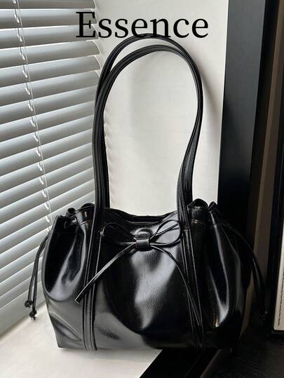 1 chiếc túi tote da PU màu đen trơn kiểu vintage tối giản, dung tích lớn, thích hợp cho nữ mùa thu/đông.