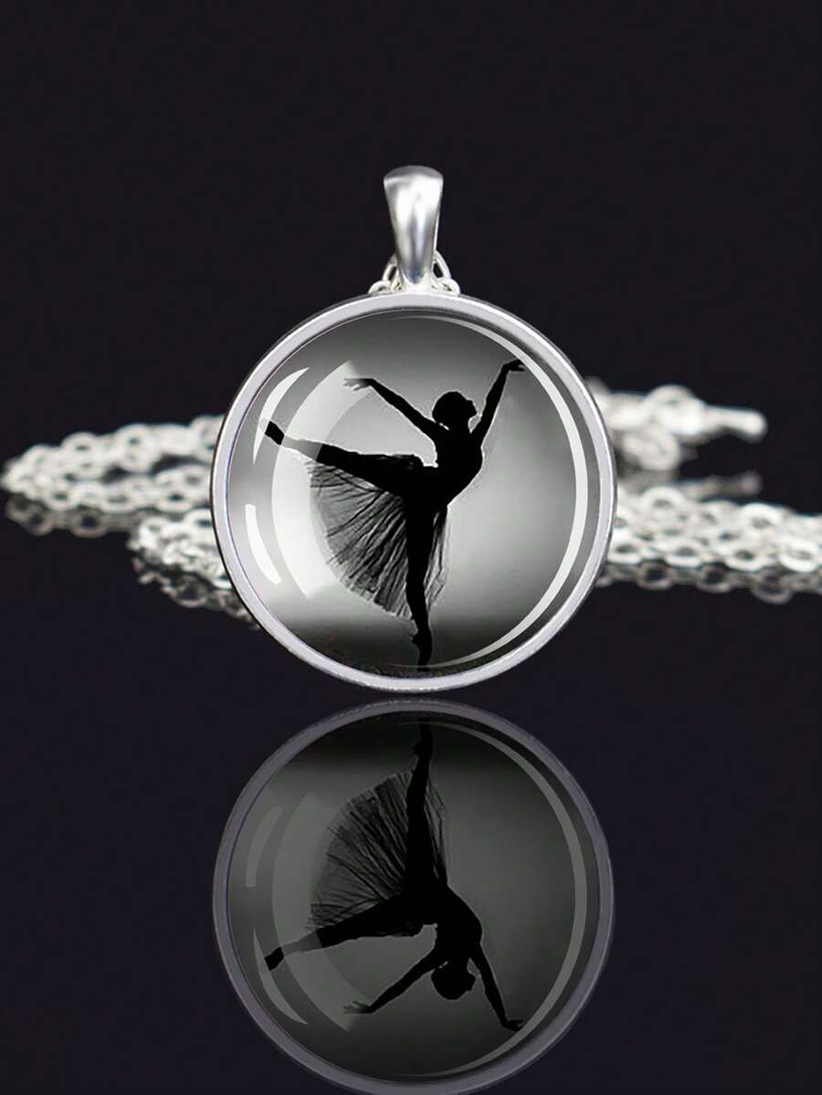 1PC Dance Themed Glass Convex Gemstone Pendant Necklace, Adjustable Alloy Chain, Fashionable Youth Accessory. Birthday Gift, Holiday Gift - Silver - View 1