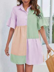 Abito camicia donna, nuovo stile elegante e dolce per primavera/estate, design a righe colorate e patchwork, maniche corte con volant ai polsini, versatile, elegante e grazioso, adatto per vacanze, uso casual quotidiano, tutte le stagioni - Corallo rosa verde - Visualizzare 3