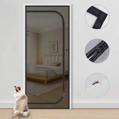 Zipper Soft Mesh Door, Anti-Theft Door, Anti-Mosquito Door, No Nails Installation, U-Shaped Ventilation, Anti-Cat Door Curtain