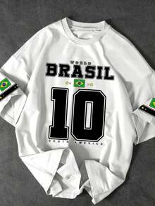 "Road To The Sixth Title" Brazil World Cup T-Shirt, Number 10, Men's And Women's, 100% Cotton - trắng - Xem 1