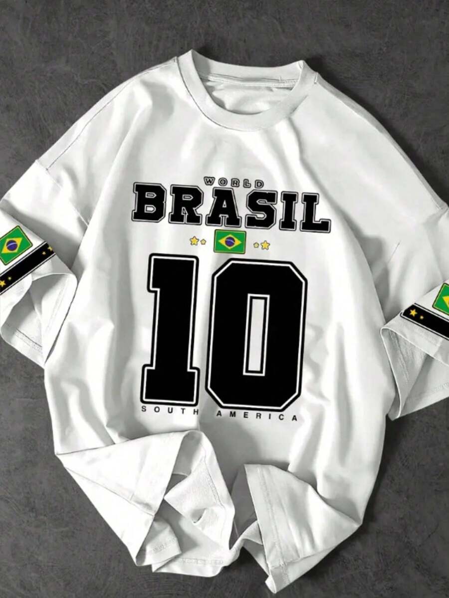 "Road To The Sixth Title" Brazil World Cup T-Shirt, Number 10, Men's And Women's, 100% Cotton - trắng - Xem 1