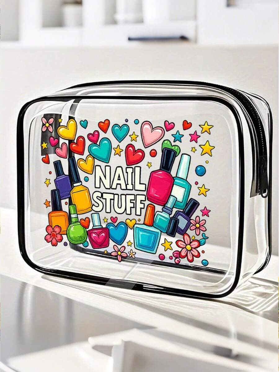 Cute Nail Art Themed PVC Makeup Travel Bag - Perfect For Brides And Nail Technicians; Heart-Shaped Makeup Pouch Is A Must-Have Gift For Women's Birthdays And Honeymoons - Multicolor - View 1