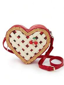 Cute Red Heart Cherry Fruit Pie Design Women Wallet And Handbag, Novel Crossbody Bag, Fashion Shoulder Bag, Party Clutch, Casual Small Tote Bag, Cute Handbag, Party Clutch, Shoulder Bag, Red Plaid Woven Design Adjustable Strap - Red - View 12