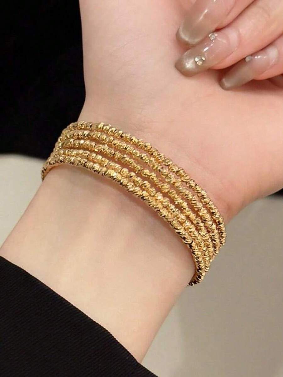 1pc Crushed Silver Handmade Beaded Three-Layer Five-Layer Open 24K Gold Plated Bracelet Metallic Light Luxury Personalized Multi-Layer Bracelet Elegant Versatile Hand Jewelry For Women - Multicolor - View 1