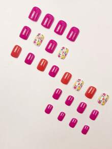 24pcs Short Square Nails Instantly Enhance Your Look, Fresh And Bright, Pink And Orange Nail Patches, Sweet And Cute Colorful Floral Patterns, Spring And Summer Nails, Suitable For Women's Daily Life And Vacation Wear - Multicolor - View 3