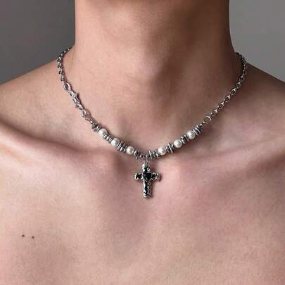 2025 New Irregular Pearl & Cross Pendant Necklace, Versatile Unique Necklace Design For Men, Hip-Hop Style