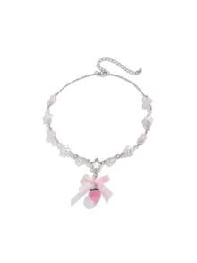 1pc Sweet Acrylic Strawberry Pendant Necklace, Fresh Faux Pearl Ribbon Choker Necklace - Multicolor - View 7