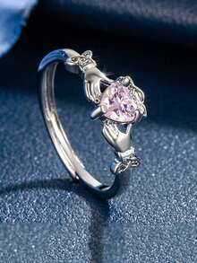 1枚甜美清爽的少女粉色心形戒指，小众钻石戒指，优雅简约时尚个性戒指，女士专属 - 粉色 - 查看 4
