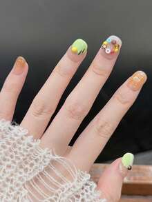 10pcs/Set Press On Nail Art, Matcha Cookies, Hand Painted Glittering Designs, Lively, Sweet, Cute And Energetic Nail Art, Handmade Nail Accessories - Multicolor - View 2
