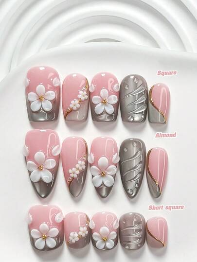 10Pcs Sweet Style Handmade Nail Art Set,Small White Flowers Paired With Gold Beads Nail Art Accessories,Silver Nail Polish,Soft And Light-Luxury Style,Comes With Nail Tools(1 Sheets Jelly Stickers+1PC Nail File)3 Sizes Available,Square Nails, Short Square Nails,Almond Nails
