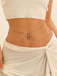 1pc Women's Elegant Sparkling Double-Layer Navel Ring, Crystal Tassel Design, Suitable For Party And Occasion Wear - Silver - View 2