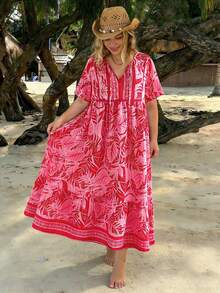Rusttydustty 大码女式波西米亚风复古粉色宽松短袖长款连衣裙，夏季优雅 - 紅色 - 查看 4