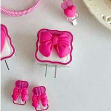 Cute Bowknot Cable Protection 5pcs Protective Case Compatible With Apple 20W Charger With 3D Cute Bowknot Charger Head And Phone Cable Protector Compatible With IPhone 16/15/14/13 Charger Adapter Soft Shell Anti-Scratch Cover Charger Protector Mother's Day Birthday Gift - Hot Pink - View 5