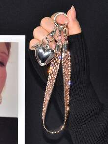 1 Set Wide Crystal Rhinestone Wrist Strap, Minimalist Fashionable 3D Heart Shaped Silver Car Key Chain Bag Charm, High-End Hanging Ornament Anti-Lost Key Chain, Luxury Rhinestone Lanyard For Phone Case - Multicolor - View 6