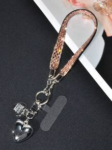 1 Set Wide Crystal Rhinestone Wrist Strap, Minimalist Fashionable 3D Heart Shaped Silver Car Key Chain Bag Charm, High-End Hanging Ornament Anti-Lost Key Chain, Luxury Rhinestone Lanyard For Phone Case - Multicolor - View 8