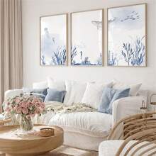 3pcs Watercolor Ocean Theme Posters, Blue & White Tone, Suitable For Bedroom & Living Room Decor, Creating Seaside Summer Ambiance, French Printed Canvas Wall Art, Fashionable Girl Art, Inspirational Quote Art, Home Decor, Wall Hanging - 3pcs - View 3