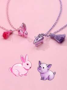 2pcs/Set Fashionable Cute Cartoon Electroplated Hollow Rabbit & Pig Pendant Necklace Set, Suitable For Daily Wear And Festivals - Multicolor - View 3