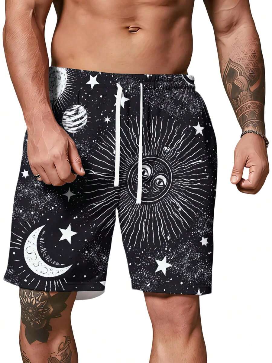 Mens Summer Shorts Vintage Celestial Sun Moon Stars Cosmic Illustration Soft Comfortable Casual Beach Home Shorts Breathable Lightweight Outdoor Everyday Essential - 彩色 - 查看 1