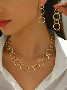 3pcs Fashionable & Elegant Asymmetrical Geometric Circle Necklace + Earrings Set, Suitable For Daily Wear, Gifts, Casual & Holiday - Yellow Gold - View 1