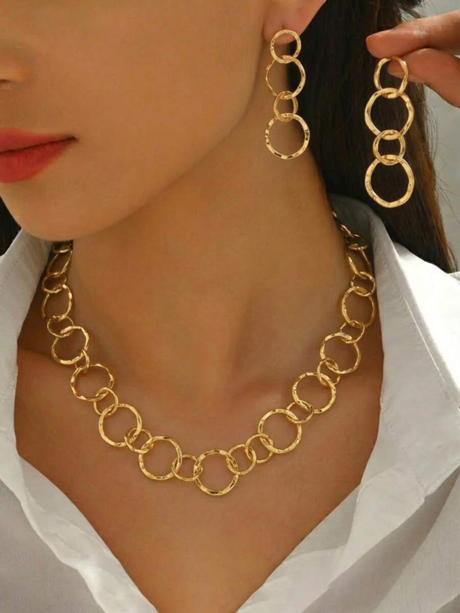 3pcs Fashionable & Elegant Asymmetrical Geometric Circle Necklace + Earrings Set, Suitable For Daily Wear, Gifts, Casual & Holiday - Yellow Gold - View 1