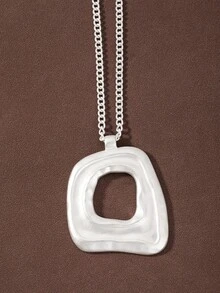 1pc Matte Gold/Silver Asymmetric Hollow Square Pendant Necklace With Thick Rope Chain, 18 Inches + 2 Inches Extension, Suitable For Women's Daily Wear - Silver - View 2