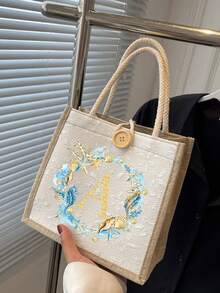 金色字母贝壳海洋元素手提包，简约大容量手提包，便携休闲收纳包，多功能购物袋，便捷旅行沙滩包，午餐包，适合户外野餐、派对、婚礼、日常使用、生日、返校、假期，是送给女性、母亲、教师、朋友、伴娘、学生、母亲节的绝佳礼物，也可用于收纳游泳装备。 - 彩色 - 查看 8