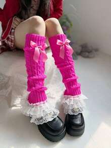 1 Pair Women's White Bow Lace Trim Flat Leg Warmers - 亮粉紅色 - 查看 2
