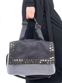 女士时尚Y2K网眼单肩包，大容量拼接铆钉复古斜挎包，多口袋都市街头风手提包，适合日常使用，是送礼佳品。新款女士手提包，女士礼物。 - 銀色 - 查看 6