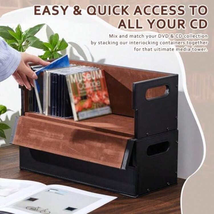 Juego de 2 cajas de almacenamiento de CD de piel soportes para CD estantes de películas organizador de cinta de casete con asas de transporte para estuches de películas DVD discos - como en la foto - Añade 4