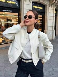 Áo khoác bomber nữ dáng rộng, tay dài, túi lớn, cổ đứng, phong cách thường ngày, áo khoác ngoài mùa xuân. - Màu be - Xem 2