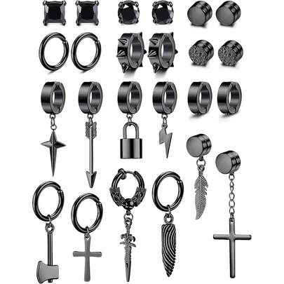 Diamday 24 chiếc khuyên tai giả bằng thép không gỉ, kiểu kẹp, dành cho nam nữ, phong cách Gothic, hình thánh giá, dây chuyền, không cần xỏ lỗ, thích hợp cho Halloween.