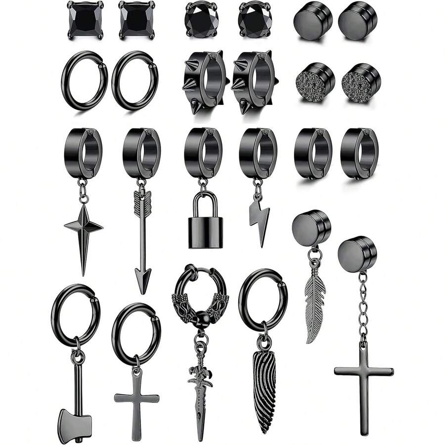 Diamday 24件装不锈钢假耳环夹式耳环男女通用哥特十字链无耳洞耳环万圣节 - 彩色 - 查看 1