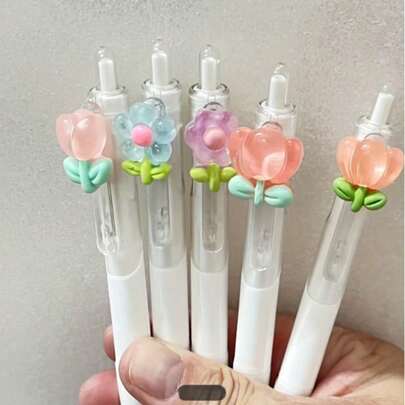 Bộ 7 bút bi bấm họa tiết hoa, mực đen khô nhanh, ngòi mảnh 0.5mm - Viết trơn tru, thích hợp cho việc ghi nhật ký và vẽ, màu ngẫu nhiên.