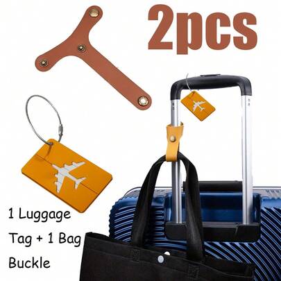 2pcs/Set Luggage Strap + Metal Square Luggage Tag, Plane Pattern Leather Travel Accessories, Buckle Closure Minimalist Style Luggage Tag, Portable Anti-Lost Travel Essentials