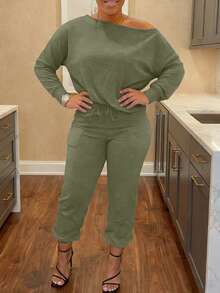 Women's Casual Solid Color One-Shoulder 2 Pieces Set, For Everyday Wear, Autumn Plus Size Elegant Spring - Army Green - View 2