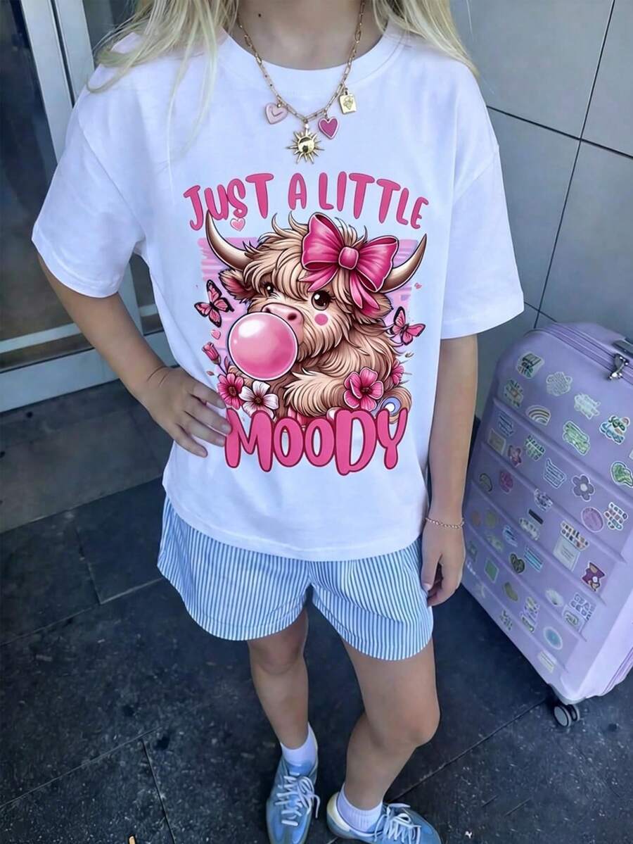 卡通高地奶牛印花圆领T恤，休闲柔软上衣，适合青少年女孩，春夏款 - 白色 - 查看 1