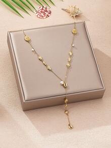 1件时尚海洋风蜗牛贝壳珍珠Y形长项链，适合女性日常、度假、海滩、派对装饰 - 金色 - 查看 4