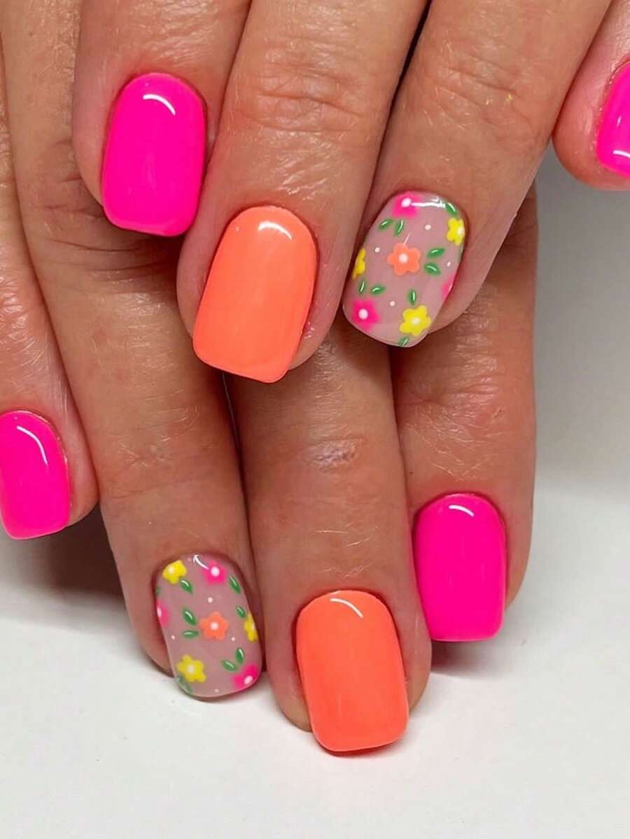 24pcs Short Square Nails Instantly Enhance Your Look, Fresh And Bright, Pink And Orange Nail Patches, Sweet And Cute Colorful Floral Patterns, Spring And Summer Nails, Suitable For Women's Daily Life And Vacation Wear - Multicolor - View 1