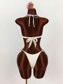 3pcs Women's Sexy Halter Bikini Set - Top, Bottom, And Cover-Up - 杏色 - 查看 8