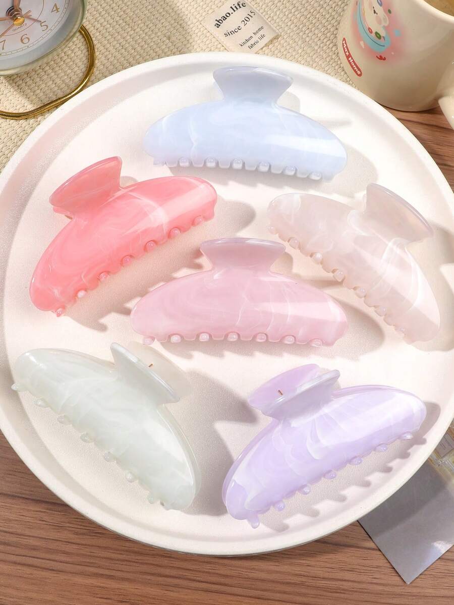 6件套梦幻马卡龙奶油色系列清新浅色糖果色亮面大理石扎染纯色高端果冻质地少女休闲街头出游日常通勤慵懒发型发夹夏季发饰沙滩爪夹度假发夹 - 彩色 - 查看 1