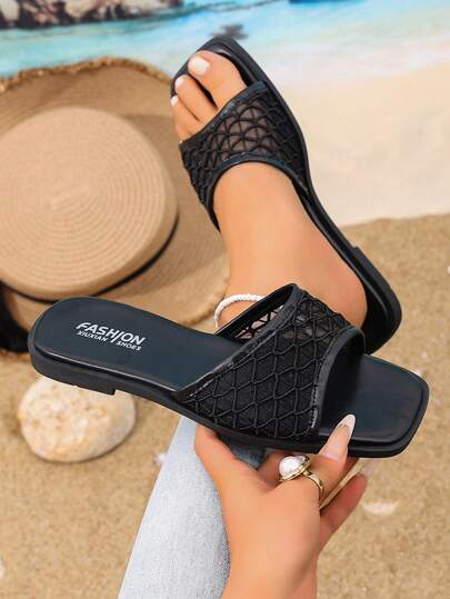 Women's Bowknot Mesh Hollow Decor Straw Flat Sandals, Comfortable Minimalist Design For Vacation, Beach, Home, Daily Wear, Summer Black Woven Open Toe Slippers