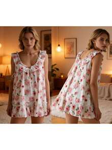 Women Boho Floral Sleep Mini Dress Y2K Patchwork Flower Ruffled Sleeveless Babydoll Short Dress Flowy Ruffle Hem Dresses Casual Summer Sleepwear - Màu Hoa hồng đỏ - Xem 4