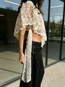 Camiseta De Encaje De Verano Para Mujer, Informal, Transparente, Con Mangas Irregulares Y Volantes, Tops Para Ropa Urbana Grunge. - Albaricoque - Ver 3