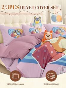 Bluey 2/3件套床上用品，主题床上用品，舒适防起球床上用品套装，柔软透气被套，卡通风格床上用品套装，适用于各种尺寸的双人床、标准双人床、特大号床和加大双人床，四季皆宜，时尚可爱，适合卧室和宿舍，可机洗，春夏装饰，房间装饰，春夏新品 - 彩色 - 查看 2