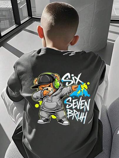Camiseta gráfica con oso de peluche de dibujos animados "SIX SEVEN BRUH" para adolescentes, adecuada para uso en la calle, casual, escuela, eventos, top de verano de moda para niños