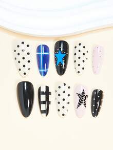 24片杏仁形黑色波点和蓝色星星图案可爱黑色假指甲，搭配白色不规则漩涡和黑蓝条纹粉色假指甲，柔和白色优雅银色波点假指甲，全覆盖式假指甲贴片，适合女性和女孩，包含1片粘性贴纸和1个迷你指甲锉，随机发货 - 白色 - 查看 3