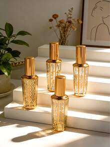 12/4/1pc 3-Color Vintage Engraved Glass Perfume Refillable Spray Bottle Set, Elegant Retro Style With Floral Pattern, Octagonal Shape & Metallic Cap, Portable Lightweight Design, Travel Essential Cosmetic Tool - View 1